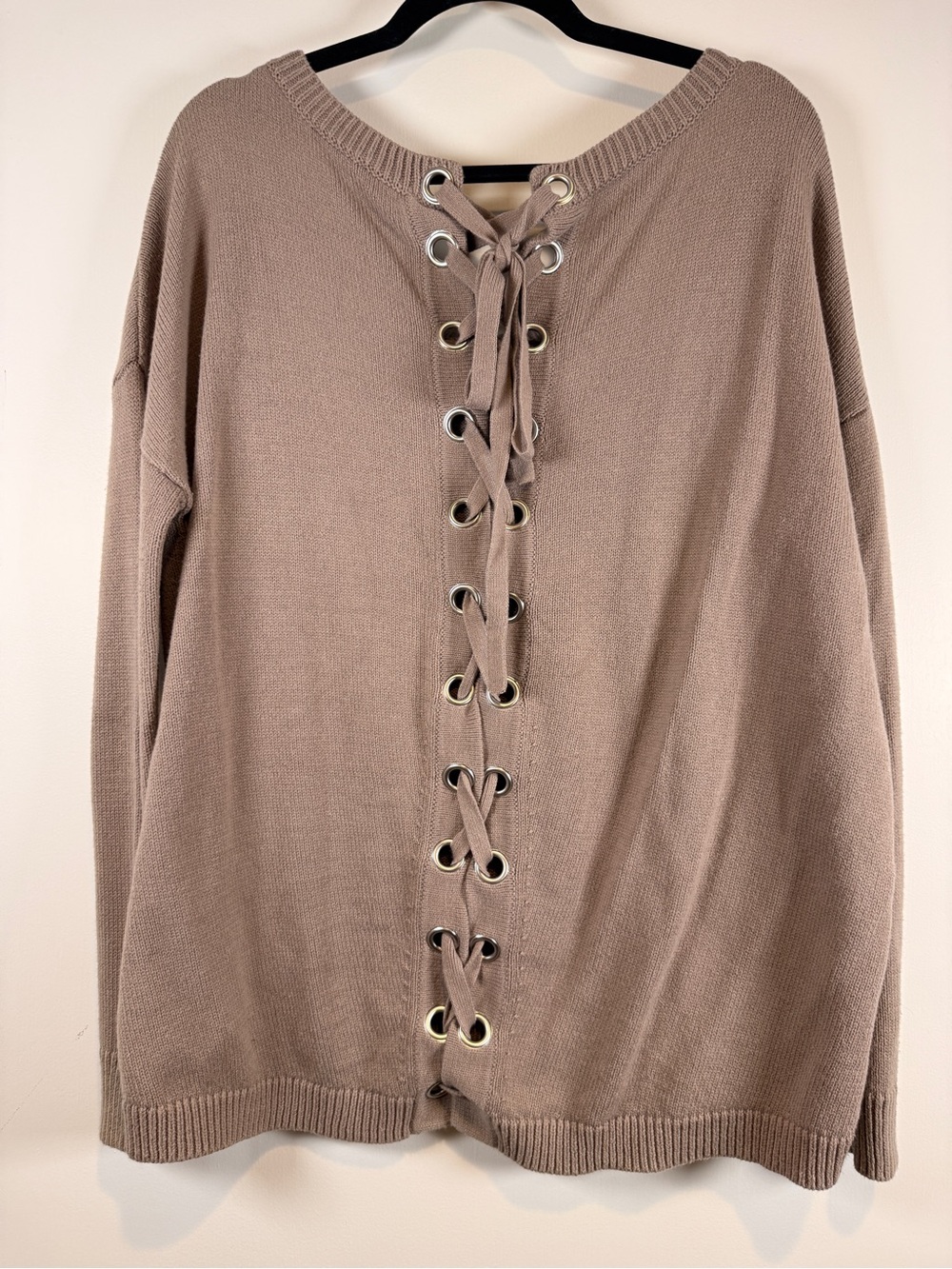 Express Taupe Lace-Up Back Crewneck Sweater - Picture 2 of 7